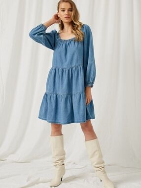 Hayden Denim Tiered Midi Dress with Long Sleeves. NWT Size Small